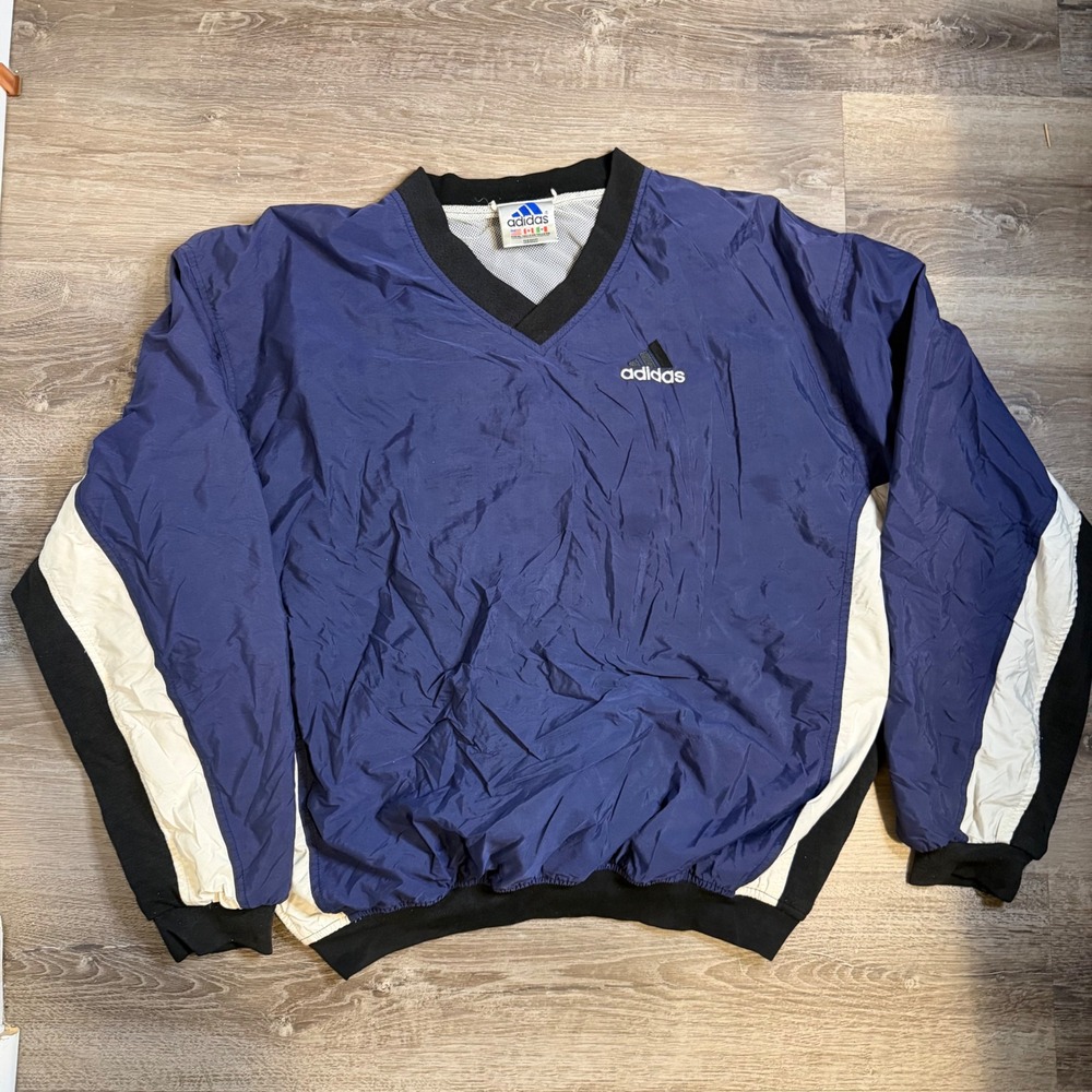 Vintage‎ Adidas V-Neck Windbreaker Pullover Navy Blue White Black Mens XL 90s